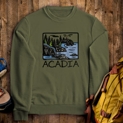 Acadia National Park Crewneck Sweatshirt Military Green Adventure and Outdoors Themed Sweatshirt