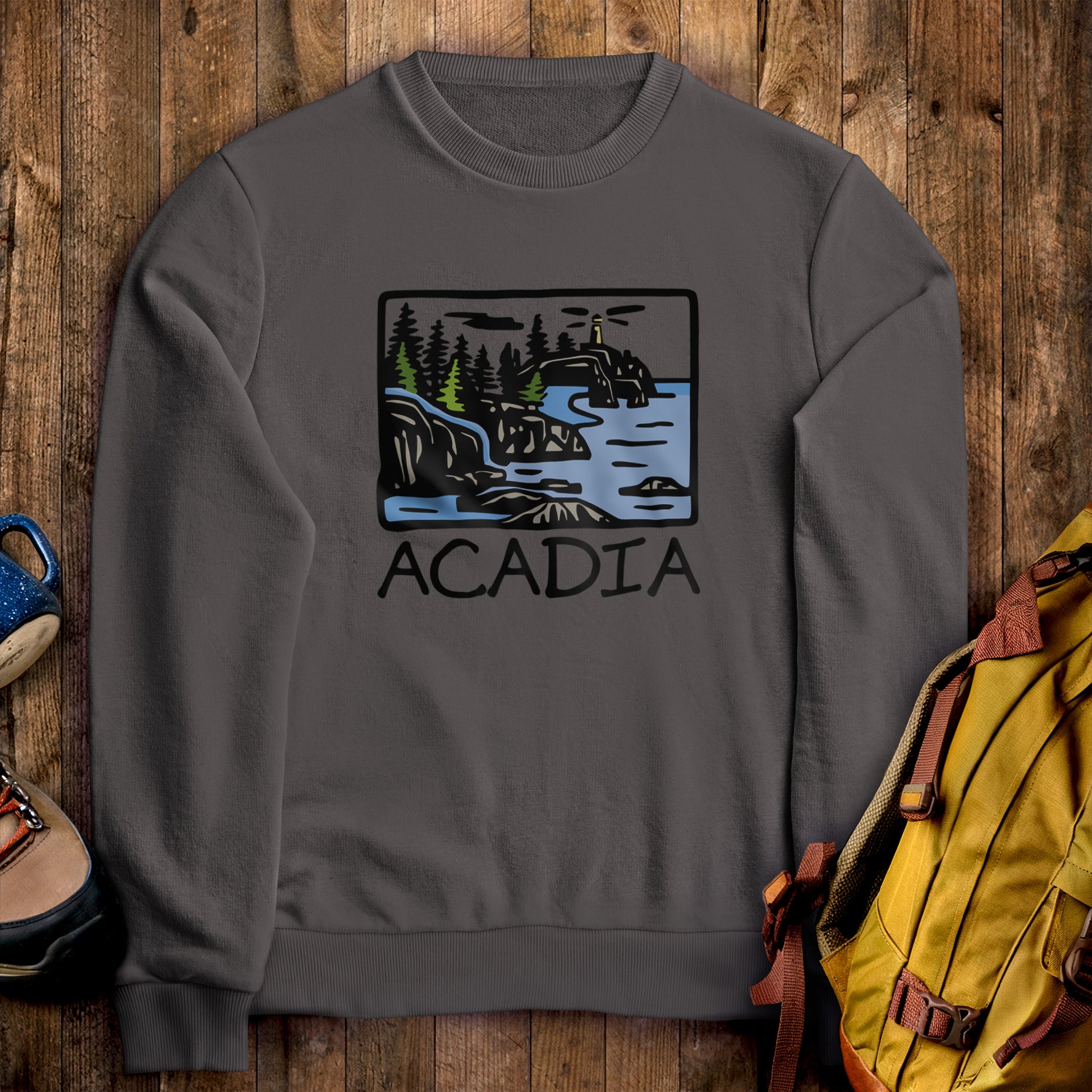 Acadia National Park Crewneck Sweatshirt Charcoal Adventure and Outdoors Themed Sweatshirt