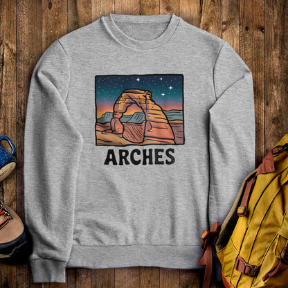 Arches at Night Crewneck Sweatshirt Sport Grey Adventure and Outdoors Themed Sweatshirt