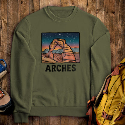 Arches at Night Crewneck Sweatshirt Military Green Adventure and Outdoors Themed Sweatshirt