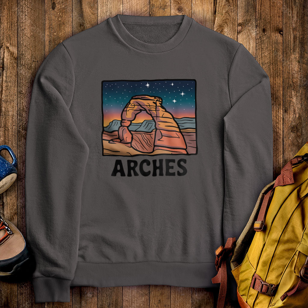 Arches at Night Crewneck Sweatshirt Charcoal Adventure and Outdoors Themed Sweatshirt