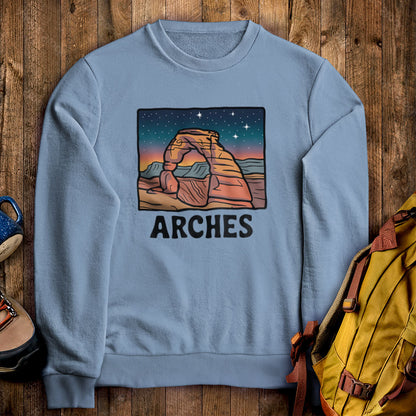 Arches at Night Crewneck Sweatshirt Stone Blue Adventure and Outdoors Themed Sweatshirt