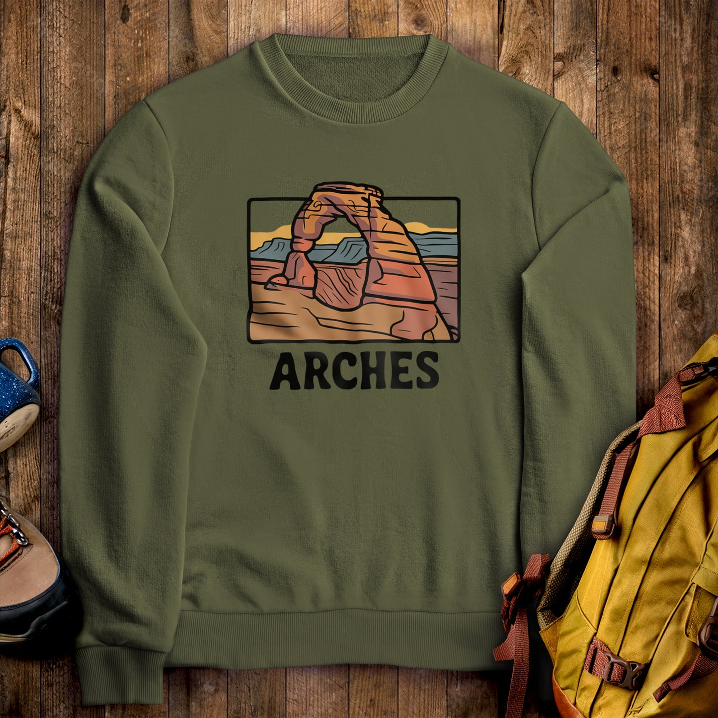 Arches National Park Crewneck Sweatshirt Military Green Adventure and Outdoors Themed Sweatshirt