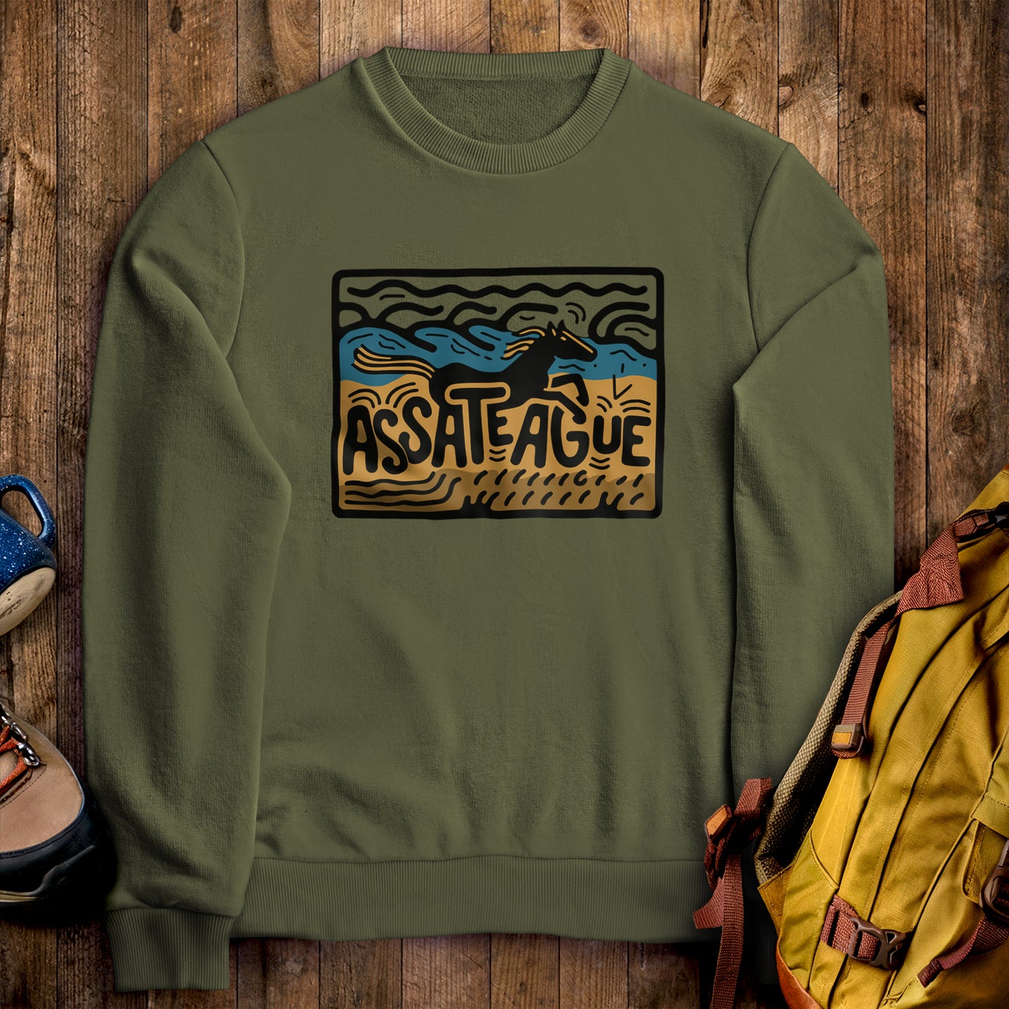 Assateague Island Crewneck Sweatshirt Military Green Adventure and Outdoors Themed Sweatshirt
