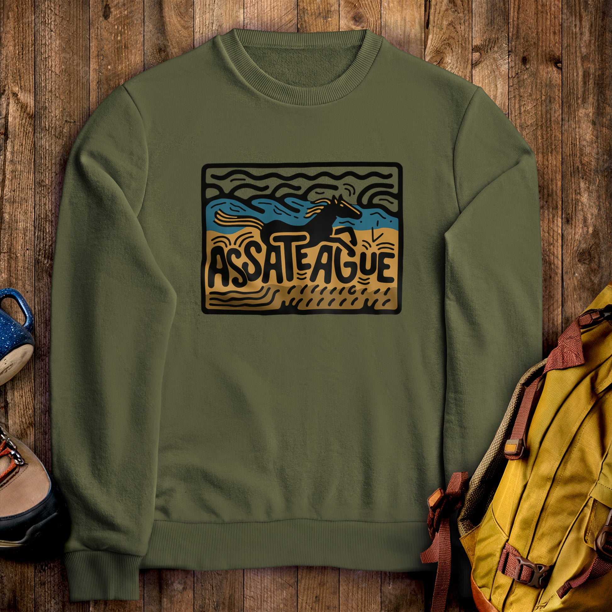 Assateague Island Crewneck Sweatshirt Military Green Adventure and Outdoors Themed Sweatshirt