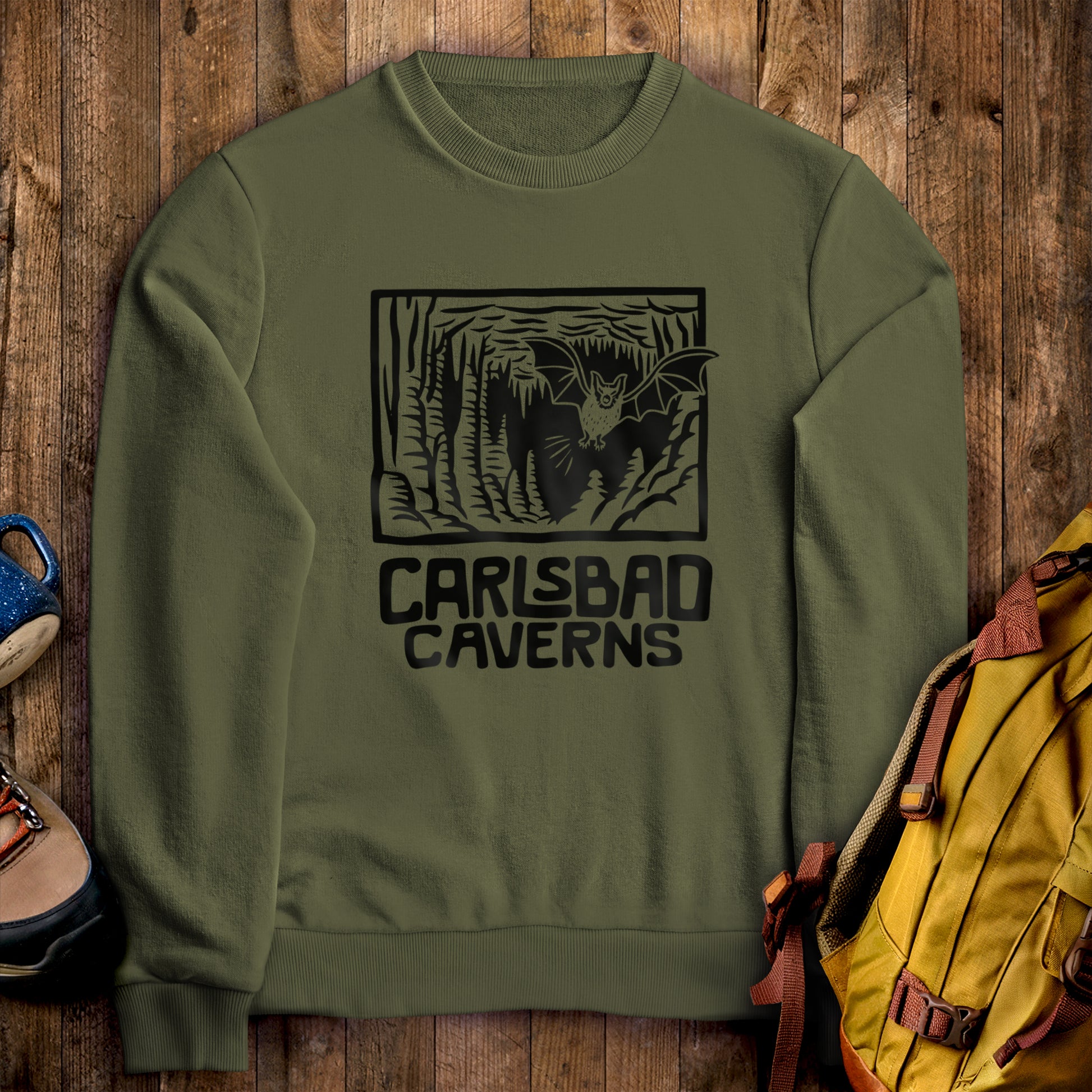 Carlsbad Caverns National Park Crewneck Sweatshirt Military Green Adventure and Outdoors Themed Sweatshirt
