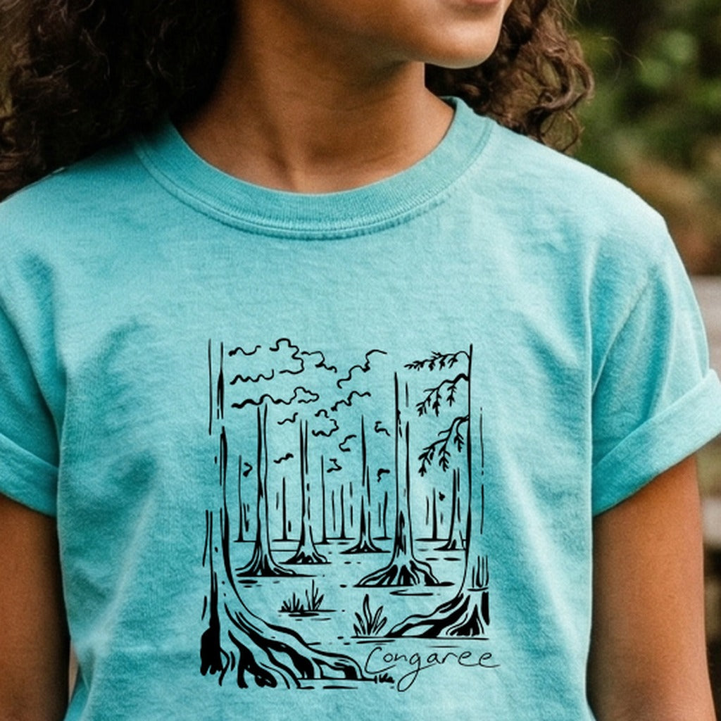 Congaree National Park Line Drawing Kids Cotton T-Shirt