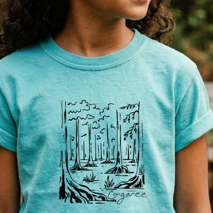 Congaree National Park Line Drawing Kids Cotton T-Shirt