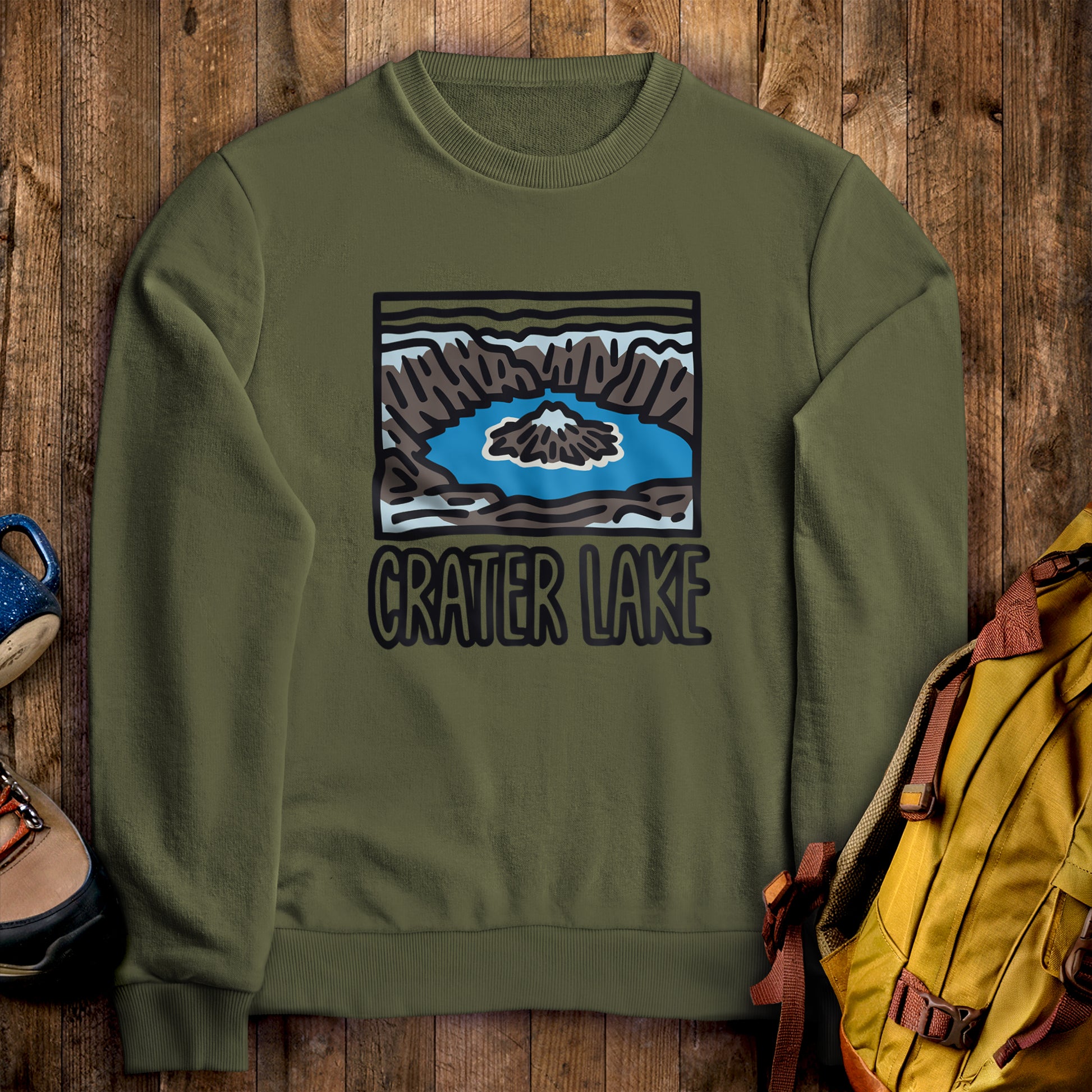 Crater Lake National Park Crewneck Sweatshirt Military Green Adventure and Outdoors Themed Sweatshirt