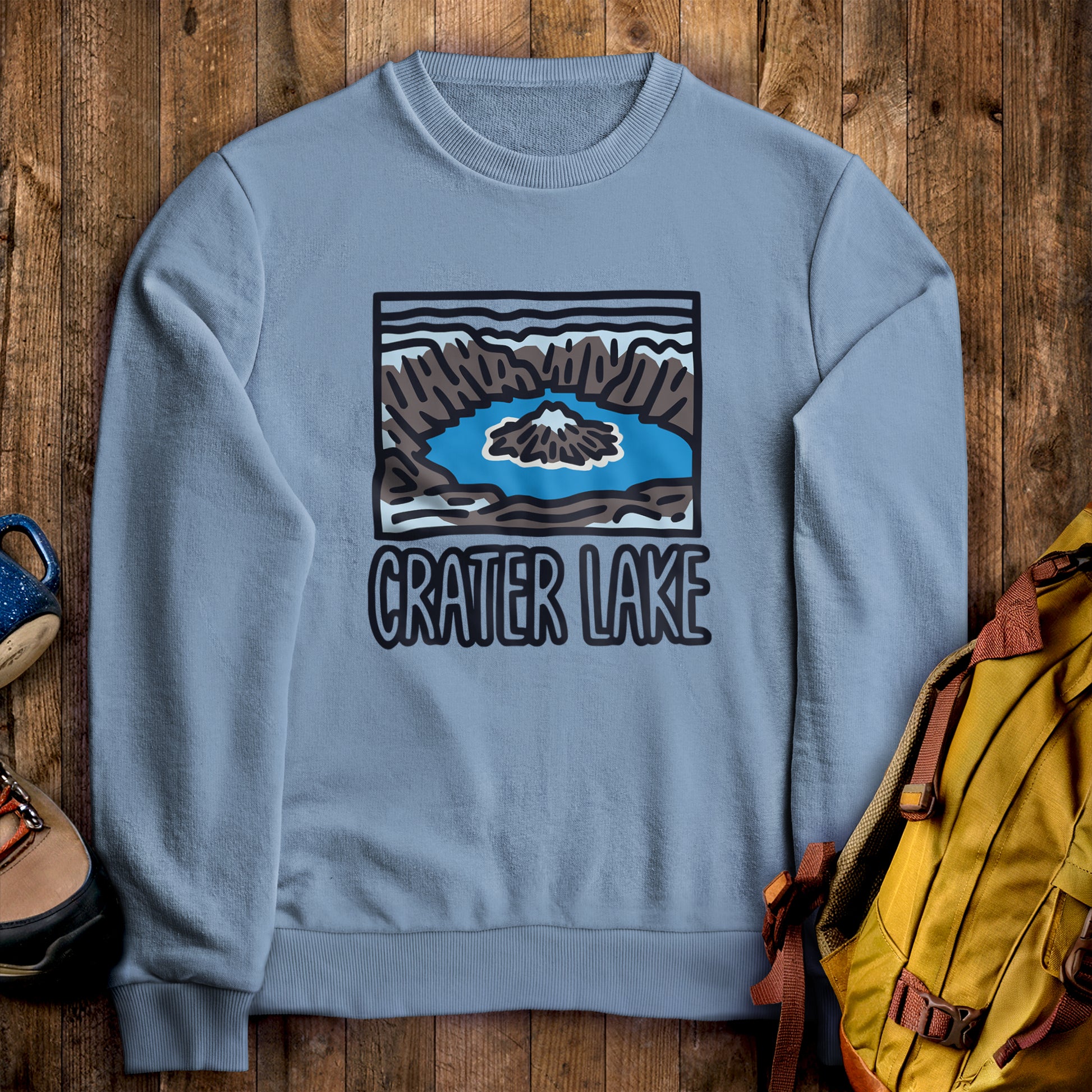 Crater Lake National Park Crewneck Sweatshirt Stone Blue Adventure and Outdoors Themed Sweatshirt
