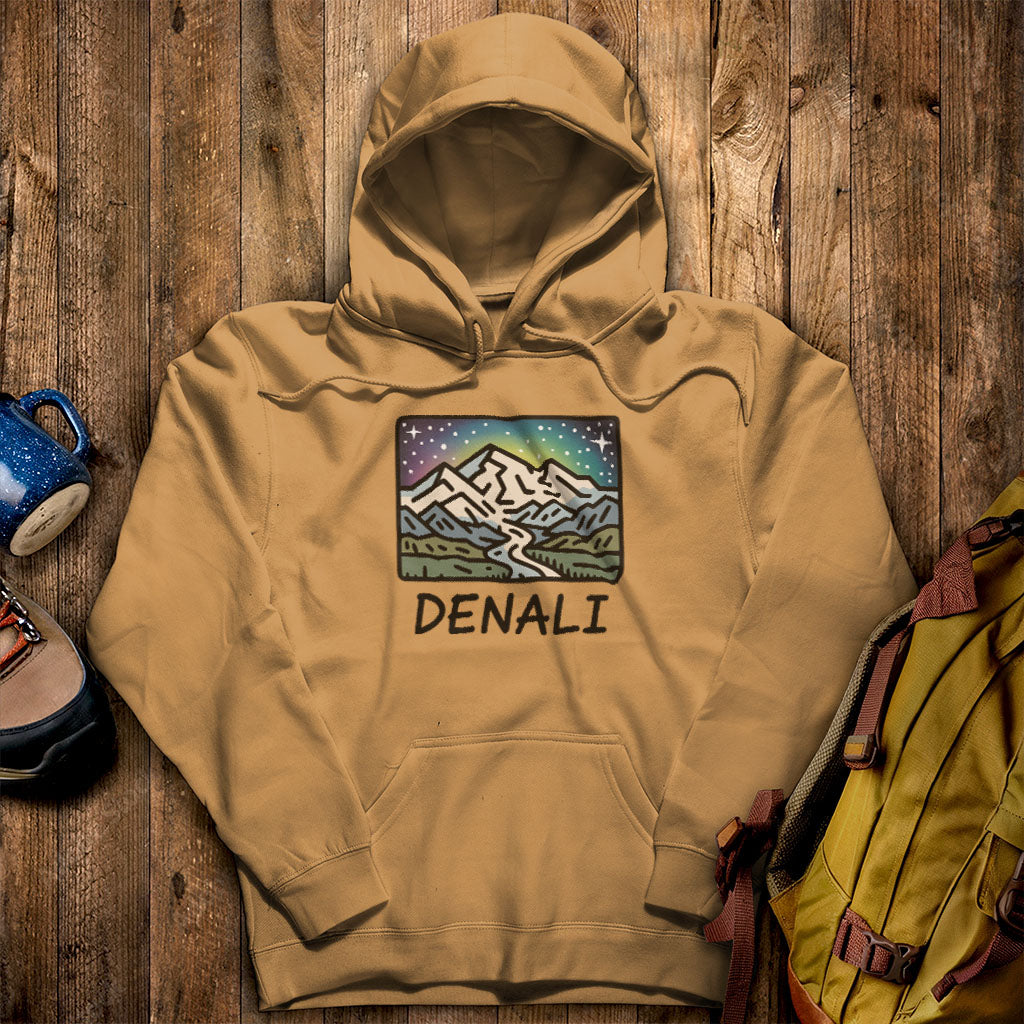 Denali at Night Hoodie Mustard Adventure and Outdoors Themed Hoodie