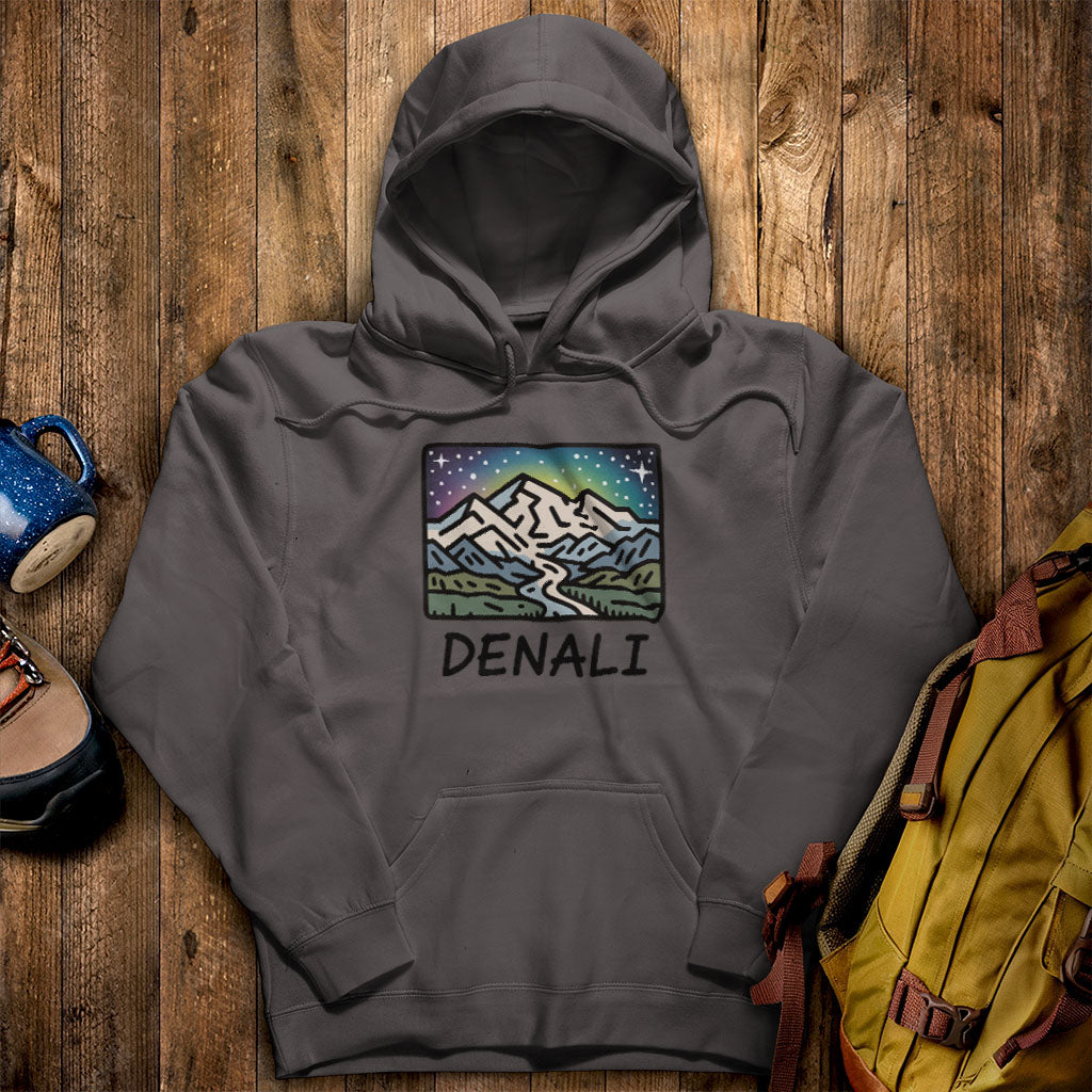 Denali at Night Hoodie Charcoal Adventure and Outdoors Themed Hoodie