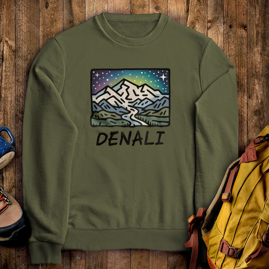 Denali at Night Crewneck Sweatshirt Military Green Adventure and Outdoors Themed Sweatshirt