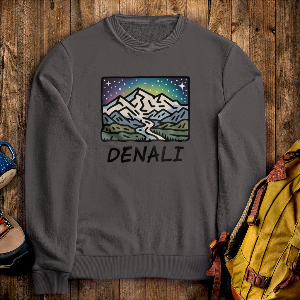 Denali at Night Crewneck Sweatshirt Charcoal Adventure and Outdoors Themed Sweatshirt