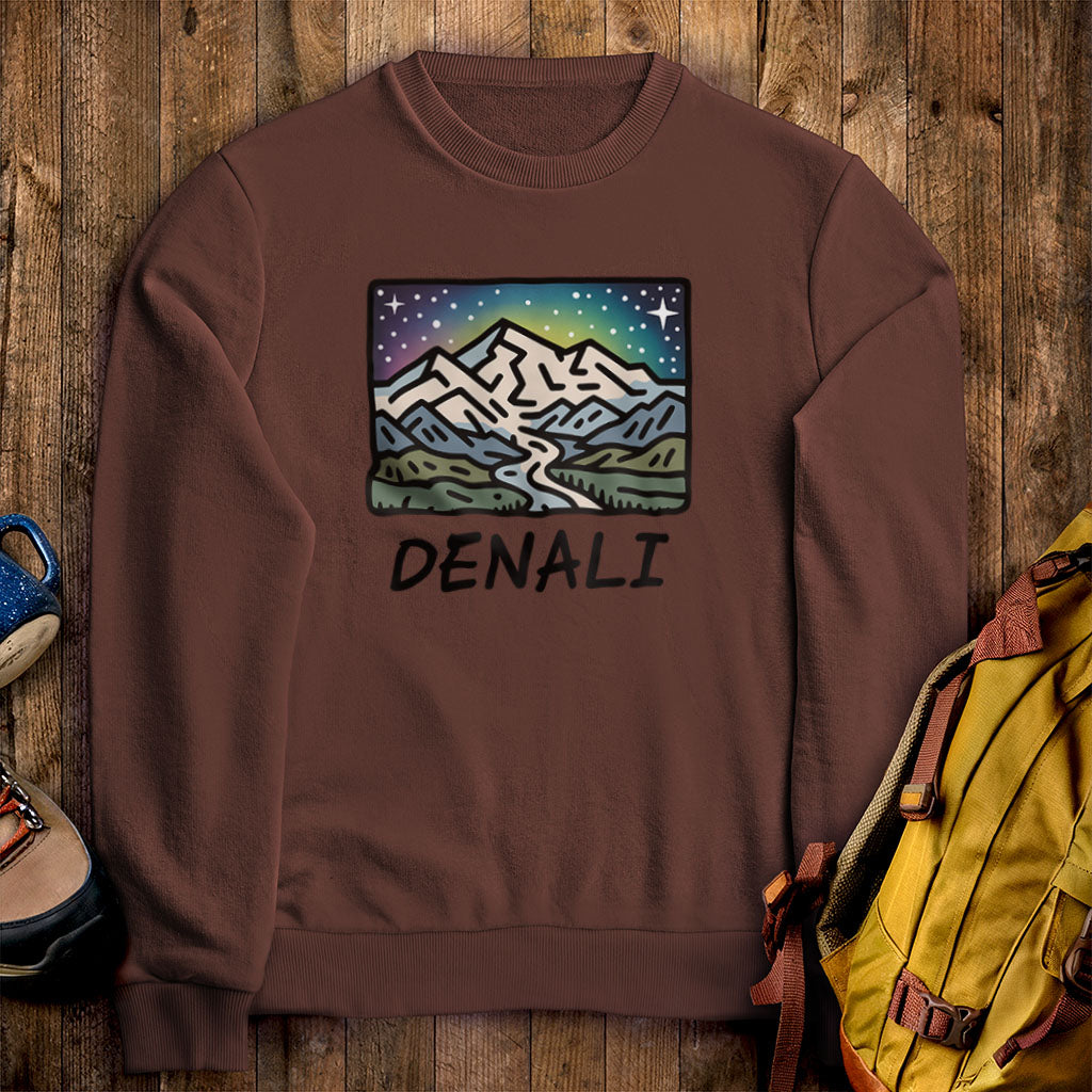 Denali at Night Crewneck Sweatshirt Cocoa Adventure and Outdoors Themed Sweatshirt