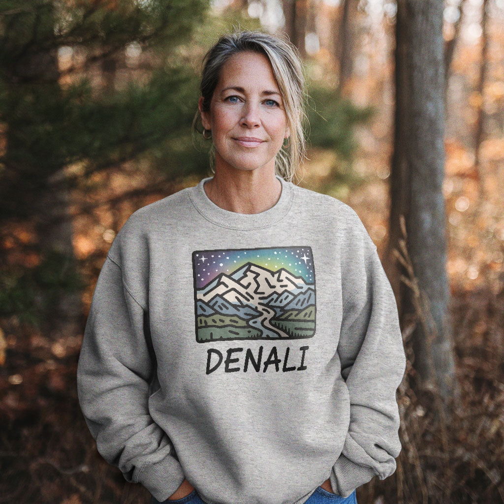 Denali at Night Crewneck Sweatshirt Adventure and Outdoors Themed Sweatshirt