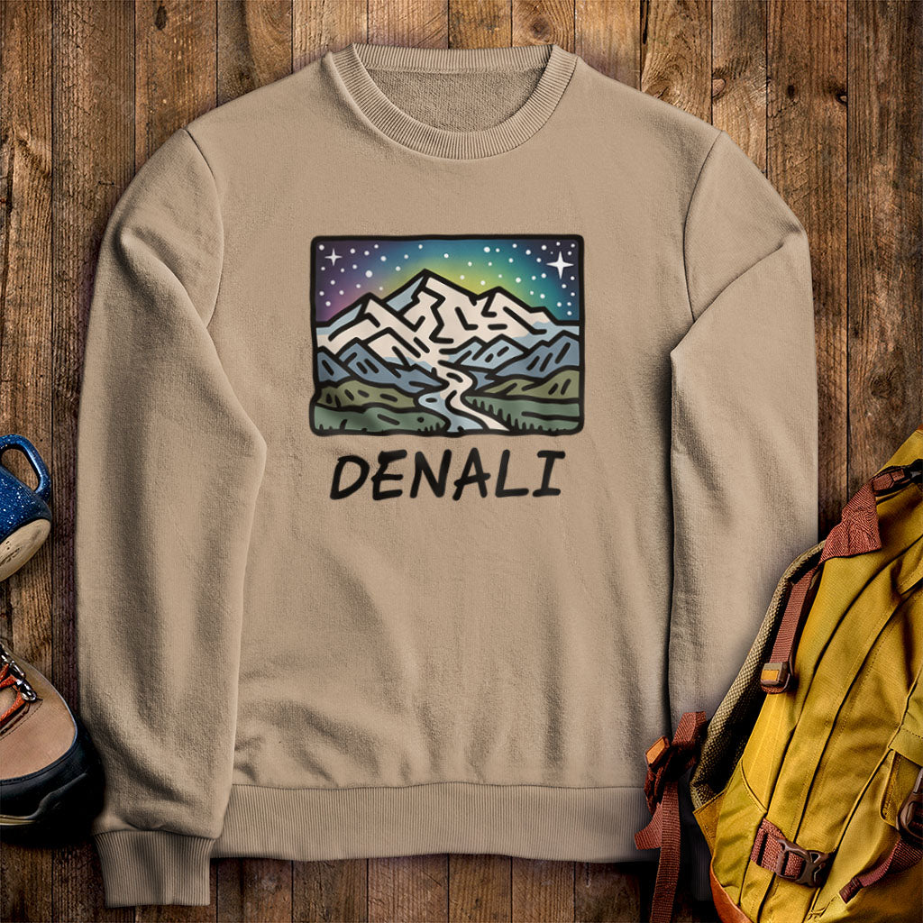 Denali at Night Crewneck Sweatshirt Sand Adventure and Outdoors Themed Sweatshirt