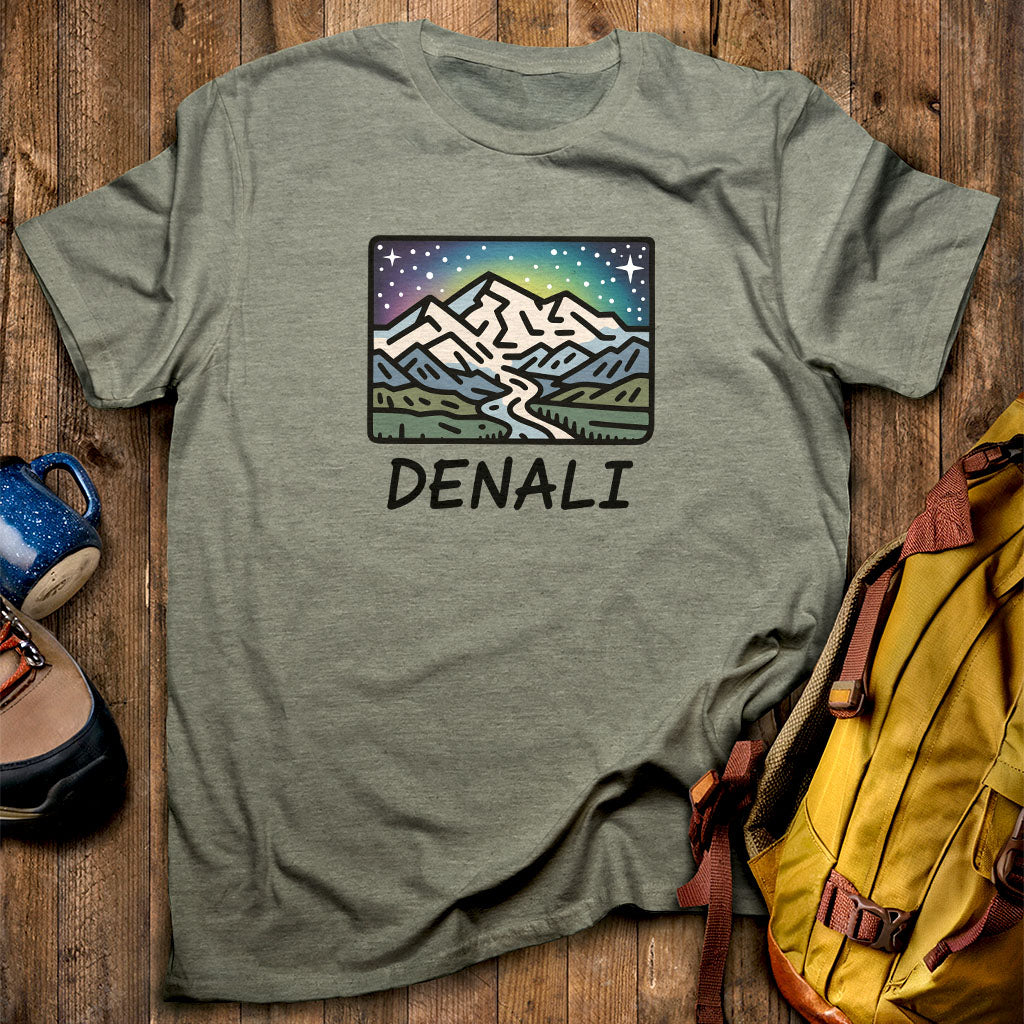 Denali at Night T-Shirt Heather Military Green Adventure and Outdoors Themed T-Shirt