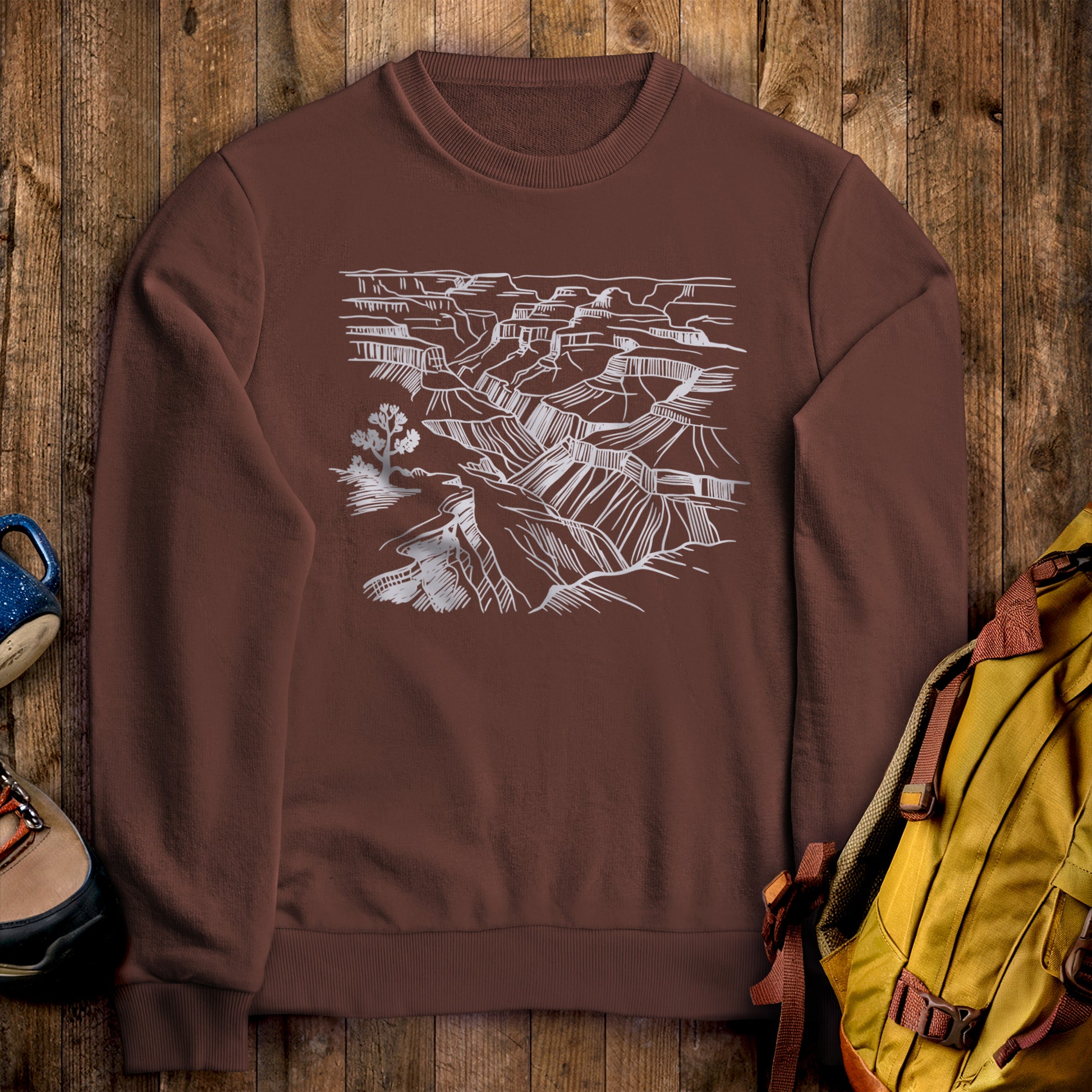 Grand Canyon Doodle Crewneck Sweatshirt Cocoa Adventure and Outdoors Themed Sweatshirt