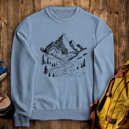 North Cascades Doodle Crewneck Sweatshirt Stone Blue Adventure and Outdoors Themed Sweatshirt