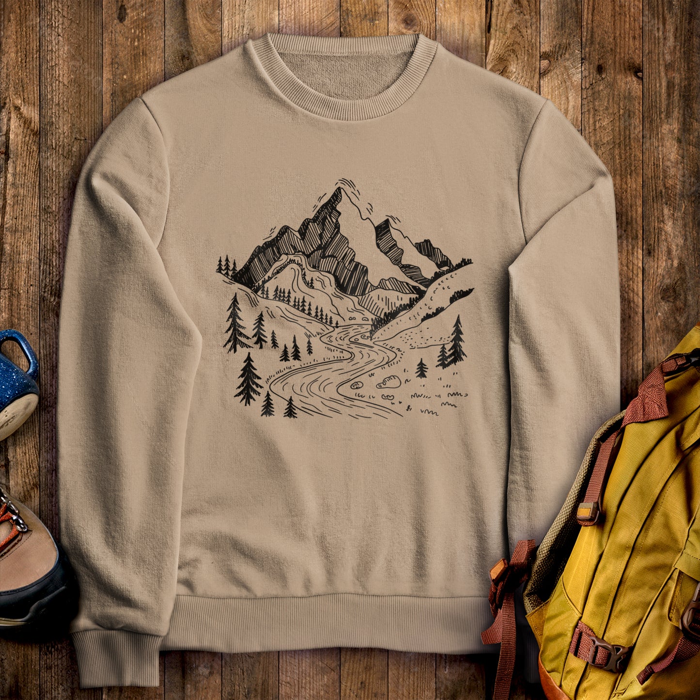 North Cascades Doodle Crewneck Sweatshirt Sand Adventure and Outdoors Themed Sweatshirt