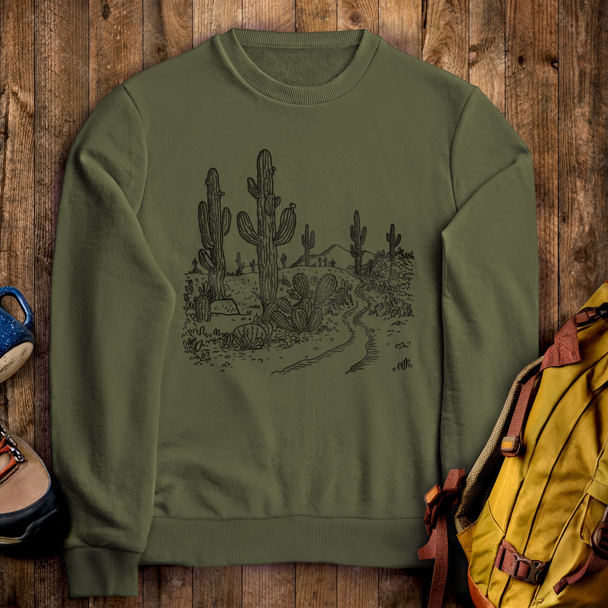 Saguaro Doodle Crewneck Sweatshirt Military Green Adventure and Outdoors Themed Sweatshirt