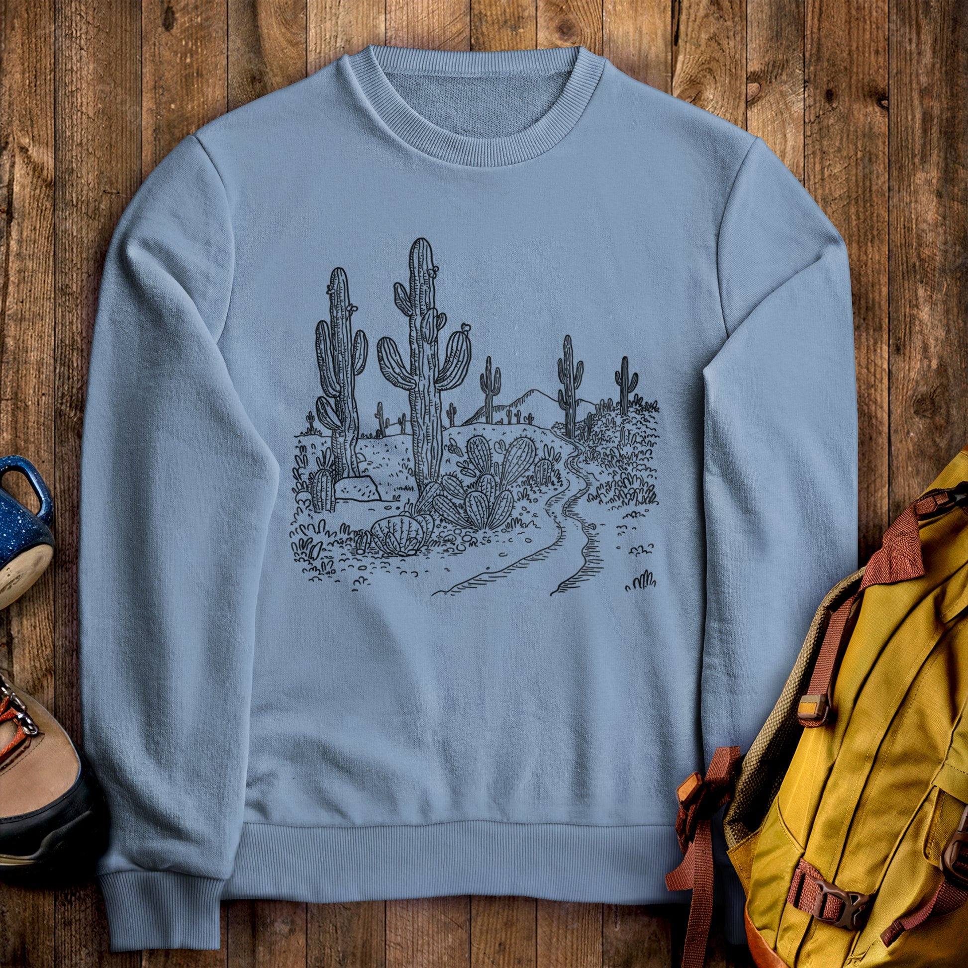 Saguaro Doodle Crewneck Sweatshirt Stone Blue Adventure and Outdoors Themed Sweatshirt