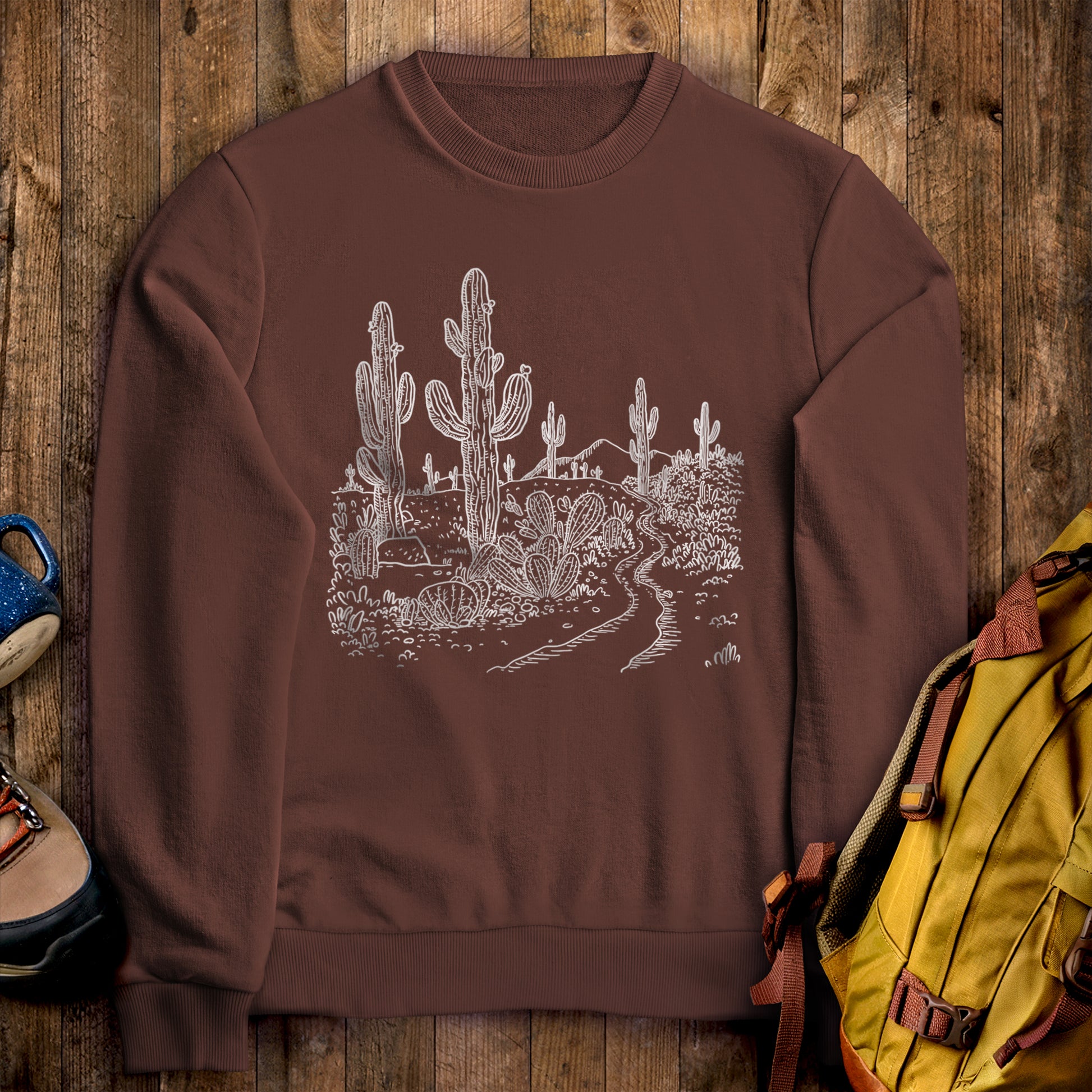 Saguaro Doodle Crewneck Sweatshirt Cocoa Adventure and Outdoors Themed Sweatshirt