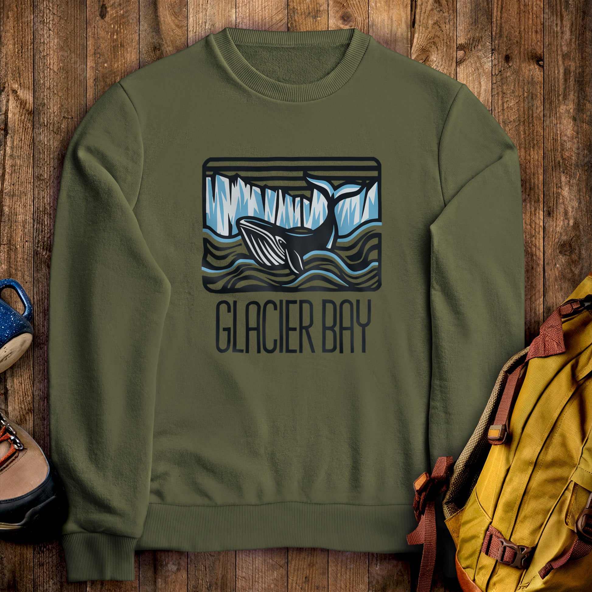Glacier Bay National Park Crewneck Sweatshirt Military Green Adventure and Outdoors Themed Sweatshirt