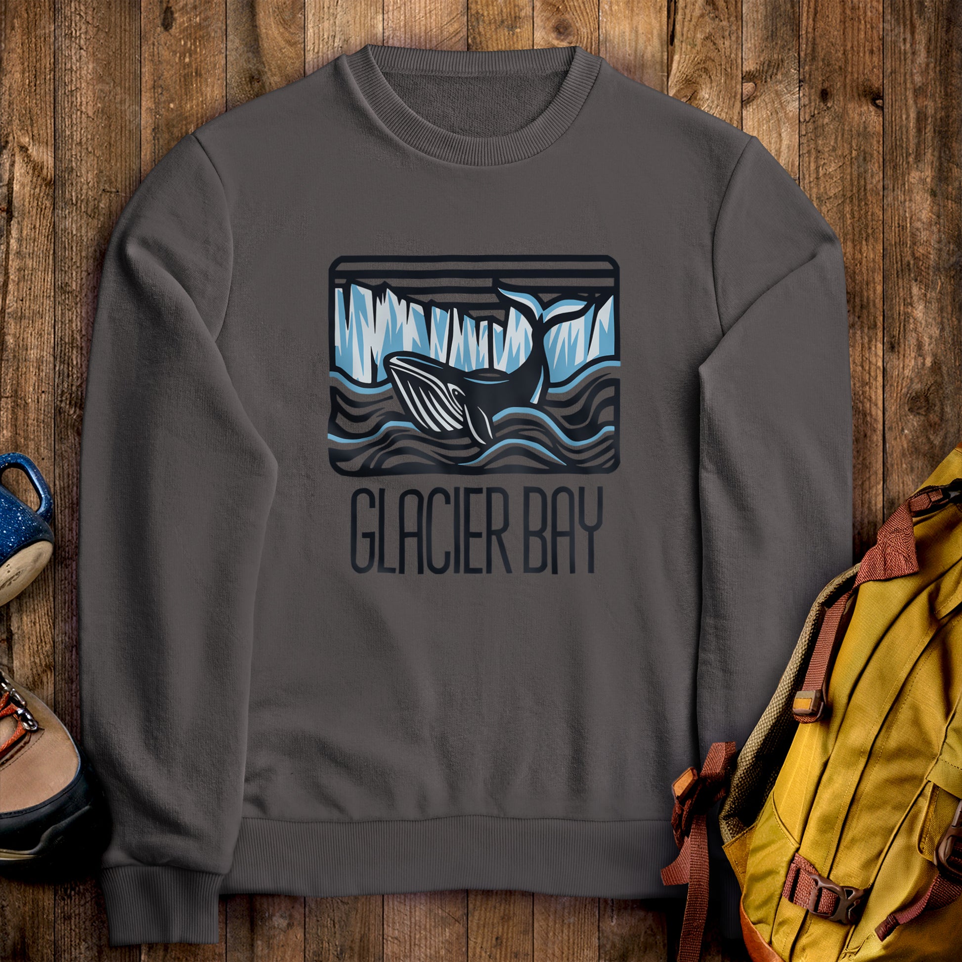 Glacier Bay National Park Crewneck Sweatshirt Charcoal Adventure and Outdoors Themed Sweatshirt