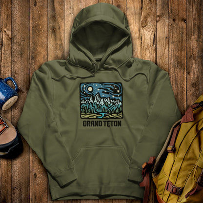 Grand Teton at Night Hoodie Military Green Adventure and Outdoors Themed Hoodie