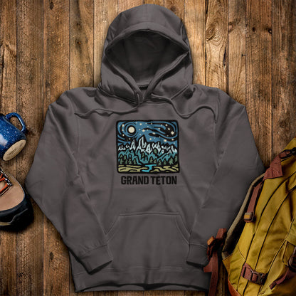 Grand Teton at Night Hoodie Charcoal Adventure and Outdoors Themed Hoodie