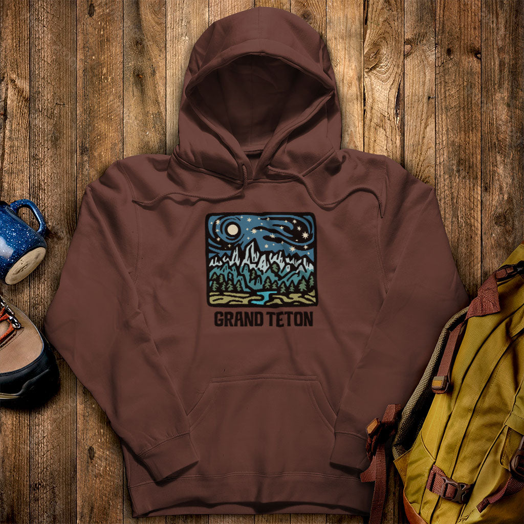 Grand Teton at Night Hoodie Cocoa Adventure and Outdoors Themed Hoodie