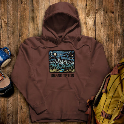 Grand Teton at Night Hoodie Cocoa Adventure and Outdoors Themed Hoodie