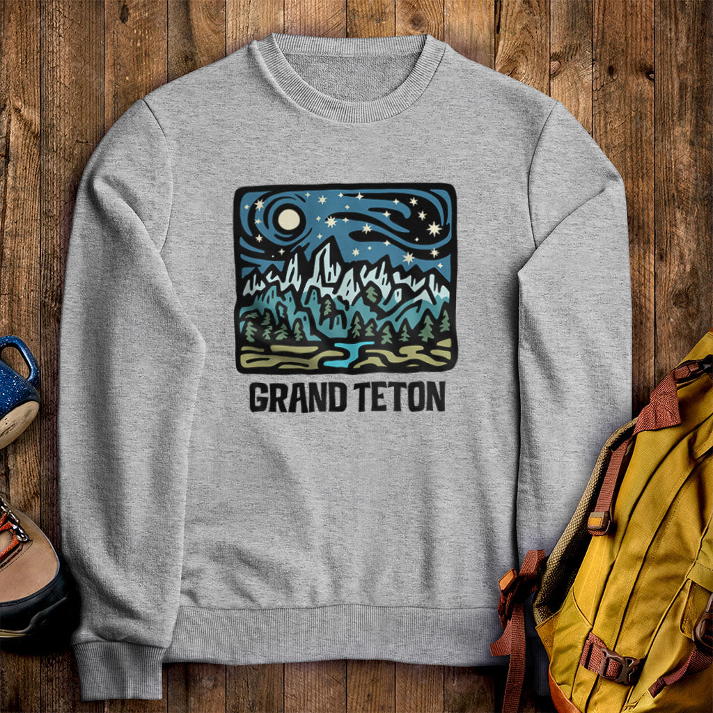 Grand Teton at Night Crewneck Sweatshirt Sport Grey Adventure and Outdoors Themed Sweatshirt