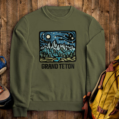 Grand Teton at Night Crewneck Sweatshirt Military Green Adventure and Outdoors Themed Sweatshirt