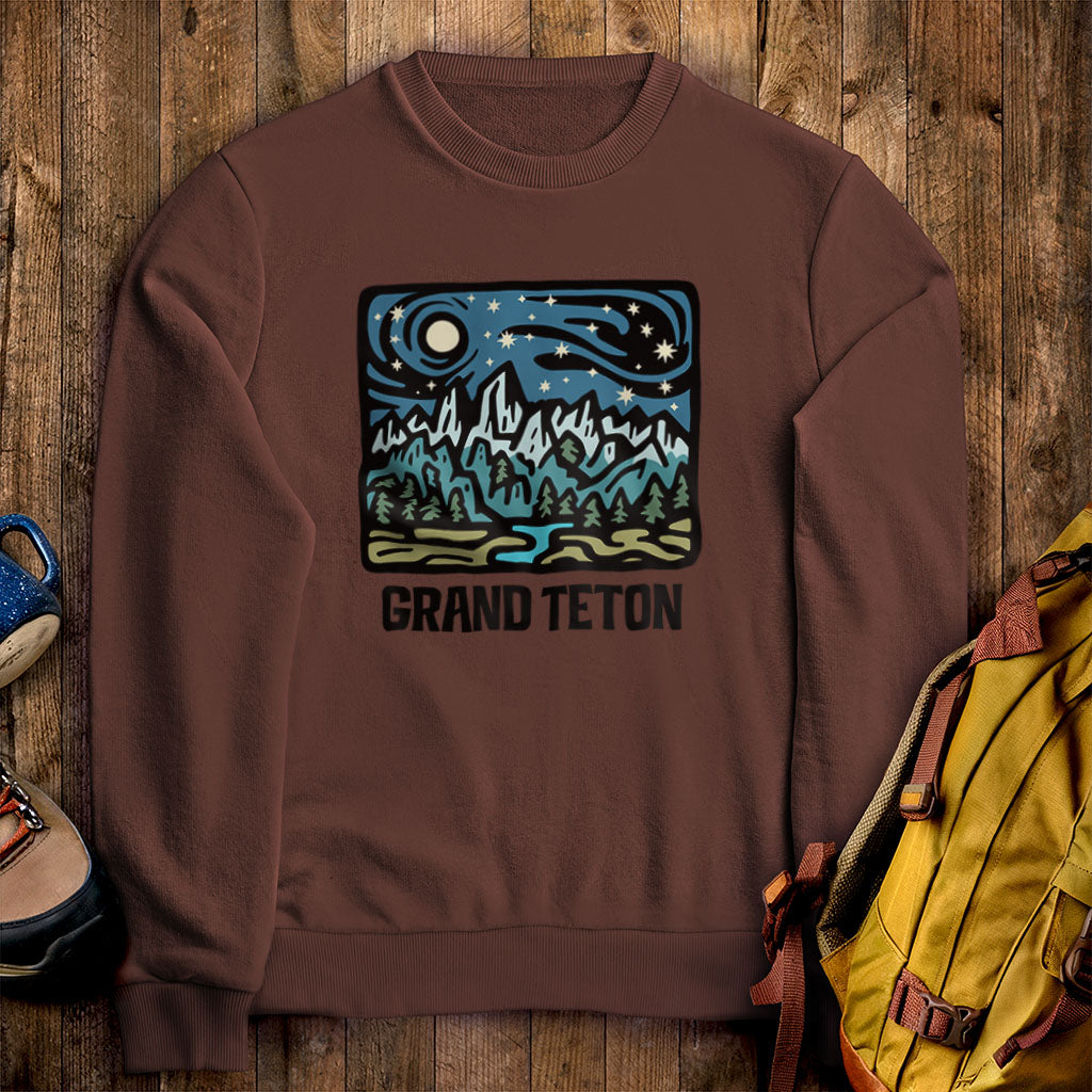 Grand Teton at Night Crewneck Sweatshirt Cocoa Adventure and Outdoors Themed Sweatshirt