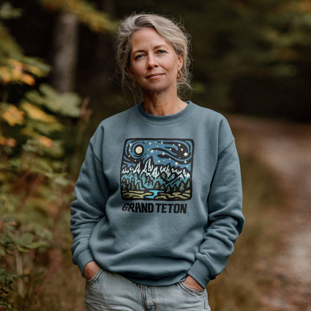 Grand Teton at Night Crewneck Sweatshirt Adventure and Outdoors Themed Sweatshirt