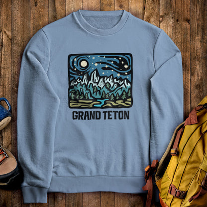 Grand Teton at Night Crewneck Sweatshirt Stone Blue Adventure and Outdoors Themed Sweatshirt
