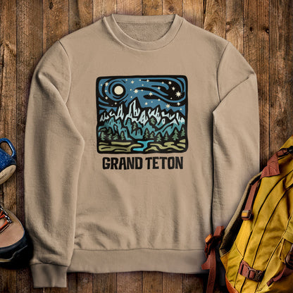 Grand Teton at Night Crewneck Sweatshirt Sand Adventure and Outdoors Themed Sweatshirt