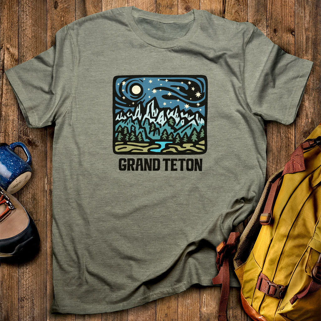 Grand Teton at Night T-Shirt Heather Military Green Adventure and Outdoors Themed T-Shirt