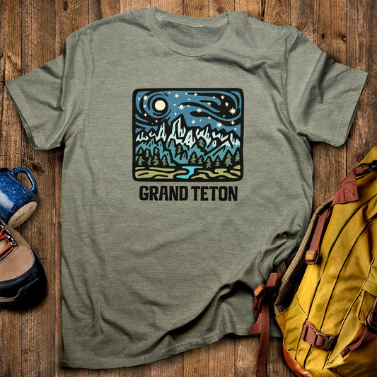 Grand Teton at Night T-Shirt Heather Military Green Adventure and Outdoors Themed T-Shirt