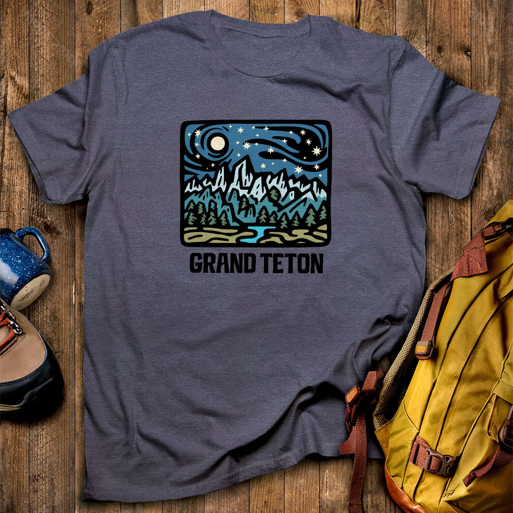 Grand Teton at Night T-Shirt Heather Navy Adventure and Outdoors Themed T-Shirt