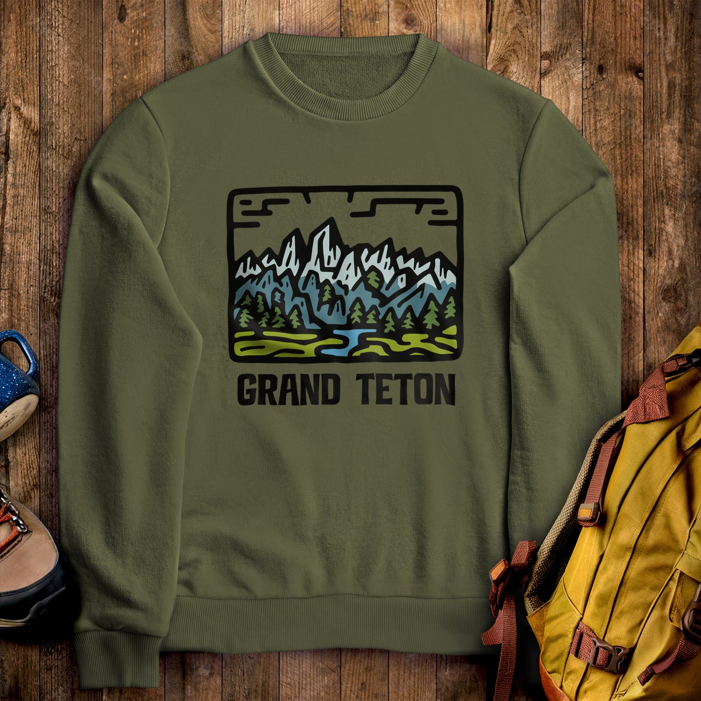 Grand Teton National Park Crewneck Sweatshirt Military Green Adventure and Outdoors Themed Sweatshirt