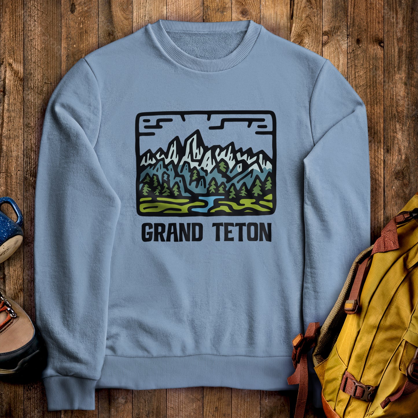Grand Teton National Park Crewneck Sweatshirt Stone Blue Adventure and Outdoors Themed Sweatshirt