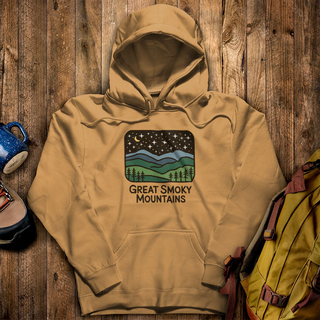 Great Smoky Mountains at Night Hoodie Mustard Adventure and Outdoors Themed Hoodie