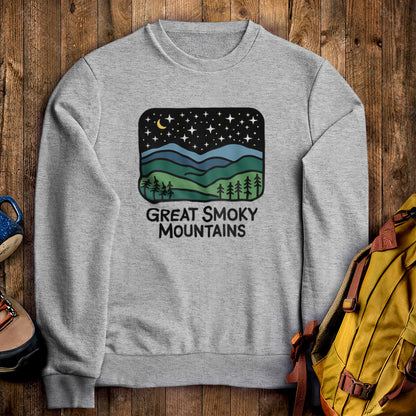 Great Smoky Mountains at Night Crewneck Sweatshirt Sport Grey Adventure and Outdoors Themed Sweatshirt