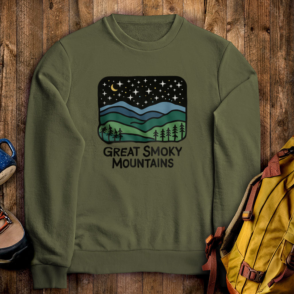 Great Smoky Mountains at Night Crewneck Sweatshirt Military Green Adventure and Outdoors Themed Sweatshirt