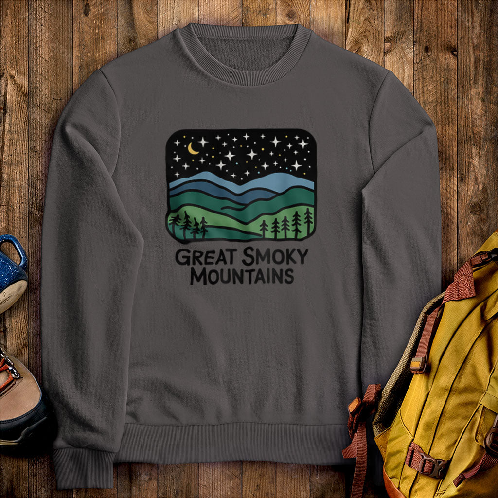 Great Smoky Mountains at Night Crewneck Sweatshirt Charcoal Adventure and Outdoors Themed Sweatshirt
