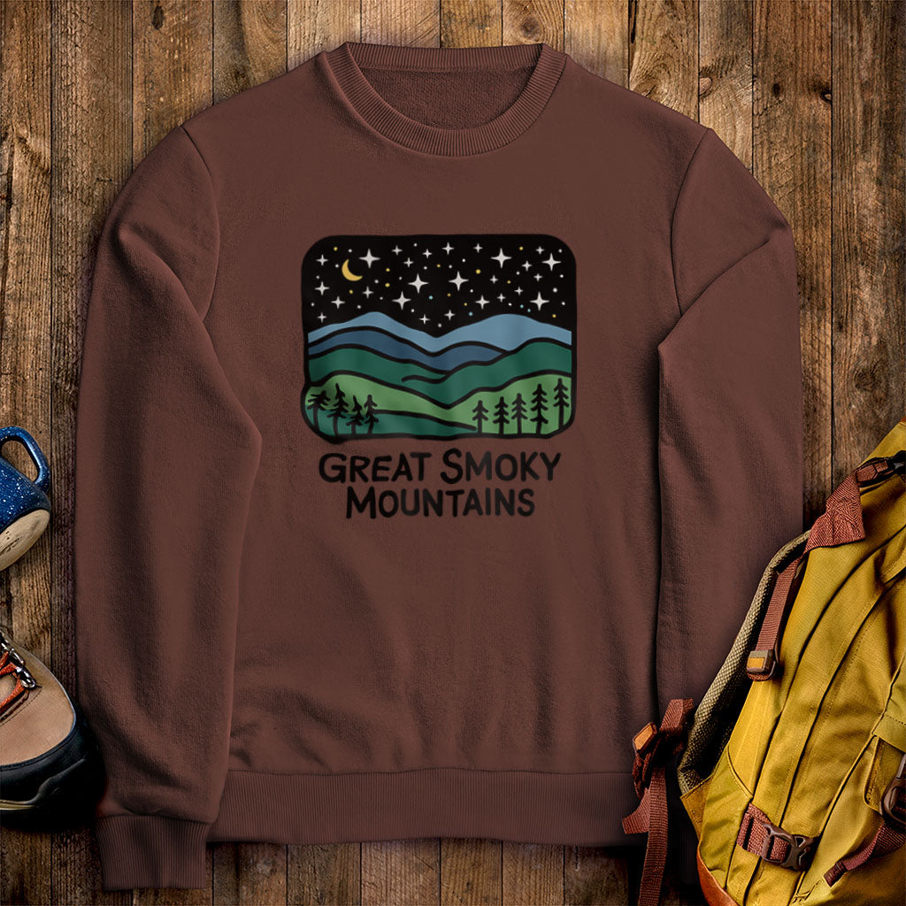 Great Smoky Mountains at Night Crewneck Sweatshirt Cocoa Adventure and Outdoors Themed Sweatshirt